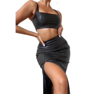 China sexy & Wholesale Women's Club Women's Club Leather Crop Skirt Crop Top Skirt Upper Two-Piece Set for sale