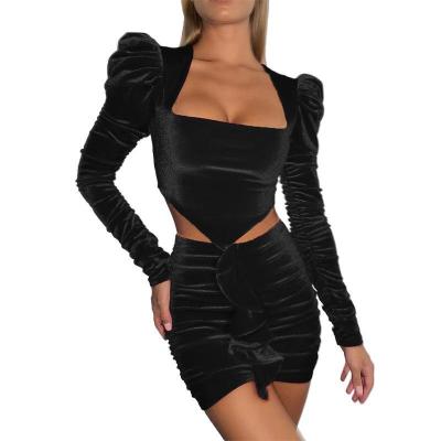 China 2022 New Design Polyester 100% Polyester Skirt Set Women Midi Suit Skirt Collar Long Sleeve Sexy Short Square Crop Top 100% Two-Piece Set for sale