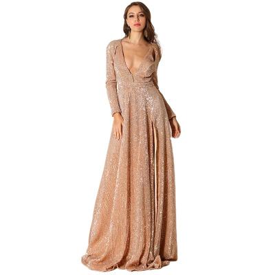 China 2022 New Design Women's Long Sleeve Formal Dress Anti-Static Elegant Evening Dresses Long Sleeve Sequins Lady Deep V-Neckline for sale