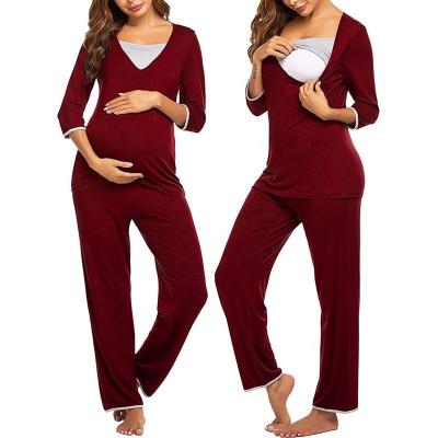 China Viable Pregnant Women Long Sleeves Autumn Women Postpartum Pregnancy Nursing Long Pajamas Round Collar Home Suit for sale