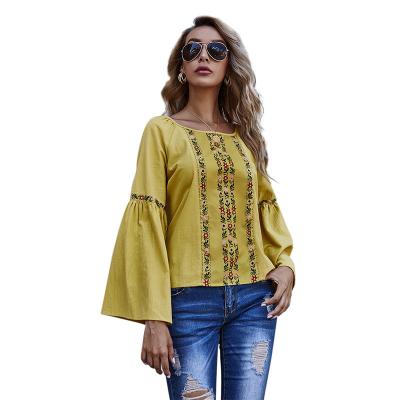 China Factory direct sale breathable women's solid color flared sleeves loose yellow round neck quilting blouse for sale