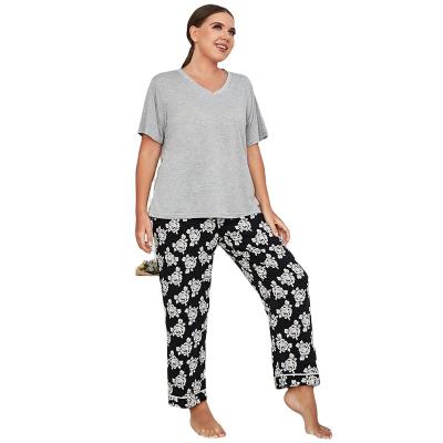 China Big size 2pcs largewear sleepwear 2022 summer QUICK DRY female floral pajamas latest plus size pajamas set for fat women ladies for sale