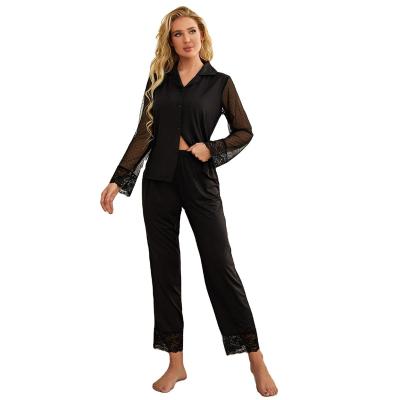 China 2022 2 piece knitted gauze sleepwear nightgowns winter transparent pajamas solid black wholesale QUICK DRY women sexy wear for lady for sale