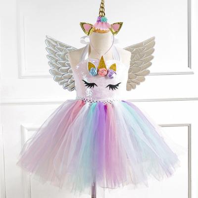 China Rainbow Unicorn Children Princess Halloween Party Decoration Costume Frocks for sale