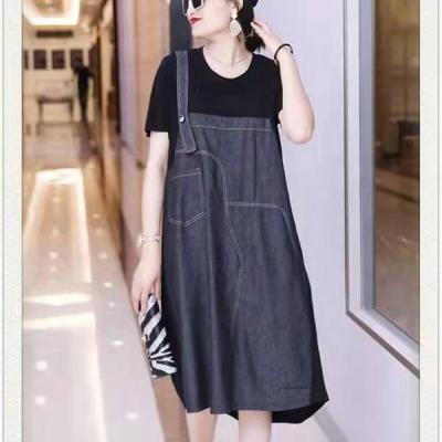 China Breathable Custom Made Denim Patchwork Mingxin Sleeve Edge Short T-shirt Dress Women Casual Splice Dress for sale