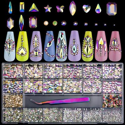 China Nail Charms Luxury Diamond Nail Art Rhinestones Kit Shiny Crystal Decorations Jewelry Glass Set 1pcs Pick Up Pen In Grids Box 21 Shapes for sale