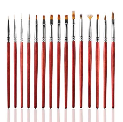 China Hot Selling NAIL Handle 16pcs Manicure Private Label Red Wooden Nail Long Brushes Nail Art Fine Brush Set for sale