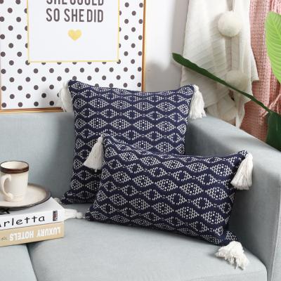 China Cygnus Boho Anti-static Blue Cotton Woven Jacquard Tassel Pillowcase Home Sofa Handmade Cotton And Linen Cushion Cover for sale