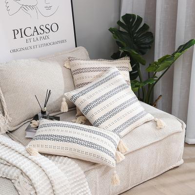 China Anti-pilling Style Cotton Tassel Woven Stripe Pattern Waist Pillow Sofa Seat Car Cushion Cover By Nordic Handmade Pillowcase for sale