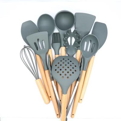 China Sustainable 12 Pieces Wooden Handles Silicone Cooking Kitchen Utensils Set for sale