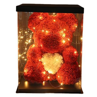 China PE Foam Rose Flower Cheap Personalized Lovely Teddy Bear Soft Highlighter Pearl Flower Preserved Rose Bear With Sweet Gift Package Box for sale