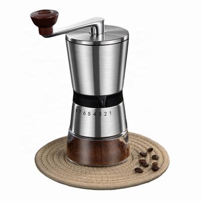 China 8 Sustainable Glass Conicall Burr Hand Crank Coffee Bean Grinder Mill With Big Capacity Adjustable Setting for sale