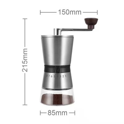 China New Arrival Viable Burr Coffee Bean Manual Grinder Portable Conical 304 Stainless Steel With Glass Jar for sale