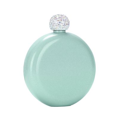 China Cheap Minimalist 5oz Factory Round Shape Powder Coated Luxury Whiskey Hip Flask With Bling Rhinestone Lids for sale