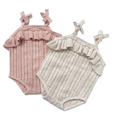 China 2023 Summer INS Baby 100% Cotton Knitted Jumpsuit 100% Cotton Baby Romper Bow Hollow Baby Romper for sale