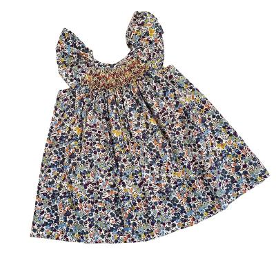 China Washable Pure Handmade Cotton Flutter Sleeve Summer Smocked Dress Baby Little Girls Dress Girls Summer Floral Clothes for sale