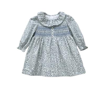 China Autumn Blue Handmade Smocked Dress Washable Cotton Long Sleeve Cute Spring Baby Girl Dress Baby Skirt for sale