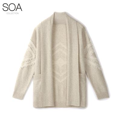 China Sheared Tassels Pattern Women Knit Sweater Jacquard Knitwear Hand Cut Long Tassels Cardigan for sale