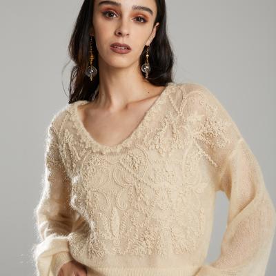 China Breathable Women Knit Pullover Sweater Knitted Crew Neck Autumn Computer Knitted Female Mohair Embroidery Drop Shoulder V-Neck Clothes for sale