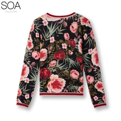 China Printing 20ALW081 Women's Cardigan Round Neck Long Sleeve Print Sweater Black Knitted Sweater Knitted Clothes for sale