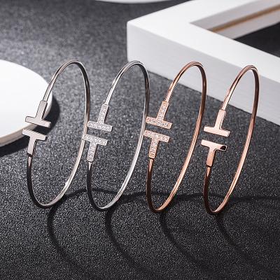 China 925 Sterling Silver Jewelry Women Double T Bracelet TRENDY 18k Rose Gold Plated Letter Open Cuff Bracelet for sale