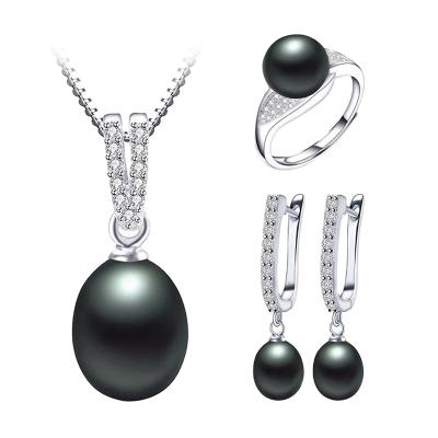 China Trendy Solid 925 Silver Jewelry Set Silver Black Seawater Pearl Jewelry For Women for sale