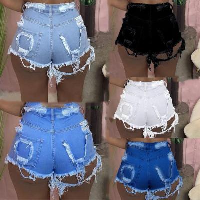 China Breathable 2022 New Arrivals Brocken Hole Women Denim Summer Shorts Pack Zipper Fly Pockets Fringed Denim Shorts Raw Ripped Jeans For Women for sale