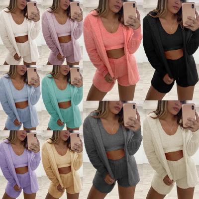 China New Arrival Solid Color Sustainable Home Wear 3xl Plus Size 3 Piece Sets Vest Shorts Fuzzy 3 Piece Set Women Long Sleeve Coat for sale