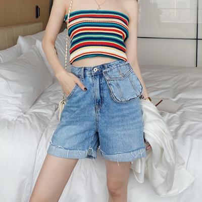 China X-Mier Viable 2022 Custom Ladies Short Tight Jeans Short Peel Fringed High Edge Waist Women Denim Shorts for sale