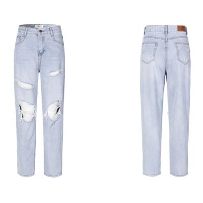 China X-Mier Breathable 2022 Custom Women Blue Jeans Pants High Rise Causal Streetwear Raw Edge Mom Ripped Ladies Jeans for sale