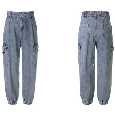 China Breathable X-Mier 2022 Hot-selling women's high-waisted denim cargo pants fashion casual loose denim pants multi pocket cargo pants for sale