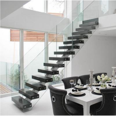 China modern high quality straight steel glass floating staircase/indoor prefab steel glass staircase for sale