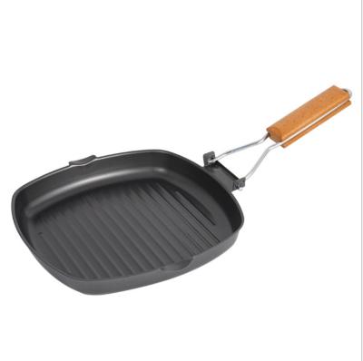 China Viable Wholesales BBQ Pan Picnic Folding Portable Frying Pan Cast Iron Baking Pan Outdoor Anti-scalding Wooden Handle for Camping for sale