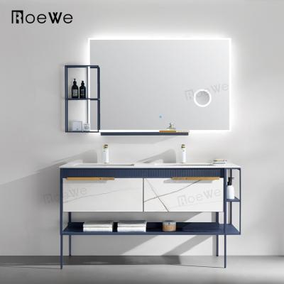 China Modern bathroom cabinets stainless steel luxury bathroom cabinet with agglomerated stone countertop and ceramic basin for sale