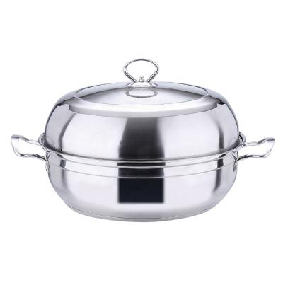 China Sustainable High Quality Diameter 26cm Stainless Steel Double Bottom Stack Cooker Wok Cookware With Steamer Steaming Pot for sale