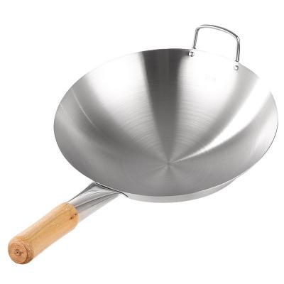 China Hot Sale Wok Pan Stainless Steel Chinese Wok Pan Stainless Steel Wok With Stocked Wooden Handles for sale