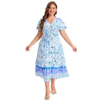 China Sustainable Customized Women's Plus Size Women's Short Sleeve Cord Layered Patchwork V-Neck Flora Dress OEM Manufacturer for sale