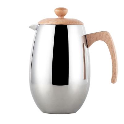 China Durable Insulated Handle Bamboo Coffee Maker with Small Espresso Single Press Stainless Steel Filter Tea Maker Server French Press Coffee for sale