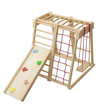 China Fun Equipment Wooden Sun Swing Set With Climbing Net And Slide Indoor Climbing Frames For Kids for sale