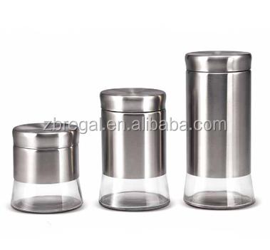 China Sustainable 3 Piece Kitchen Storage Jars , S / 3 Glass Jar With Stainless Steel for sale