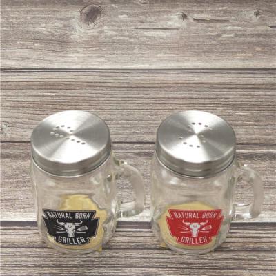 China 115ml Viable Clear S/P Glass Square Spice Jar / Bottle With Handle And Decal December Salt And Pepper Shakers With Lid for sale