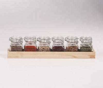 China S/6 Viable Small Square Glass Herb Jars With Wood Tray for sale