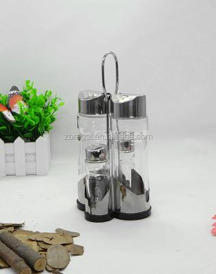 China Viable Glass Condiment Set Olive Oil and Vinegar Bottle Salt and Pepper Shaker with Stand for sale