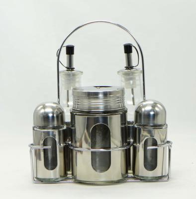 China Glass Kitchen S/5 Condiment Serve Set With Stainless Steel And Metal Rack for sale