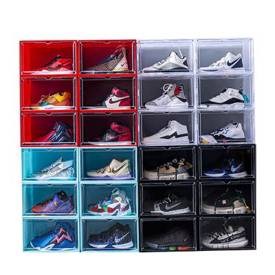 China Durable Transparent shoe box high-top basketball shoes hand-made dust-proof storage box hard magnetic side open shoe cabinet for sale