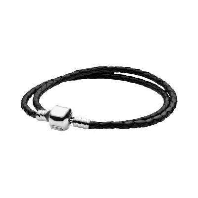 China CLASSIC S925 Sterling Silver Woven Leather Rope Bracelet for Couples Fashion Suitable for Pandora Charm Pendant DIY Jewelry Festival Gif for sale