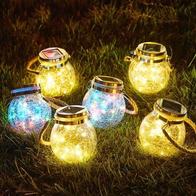 China Modern High Quality Outdoor Bedroom Balcony Garden Hanging Mason Jar Led String Warm Glass Crack Solar Light For Holiday Decorative for sale