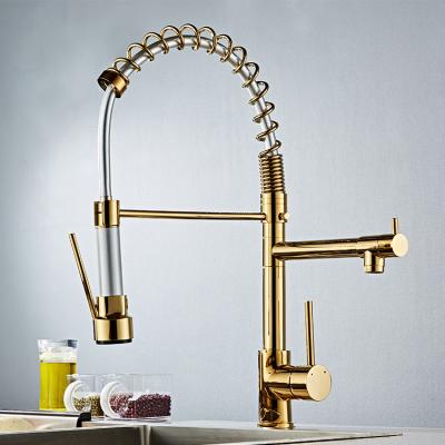 China Sense Faucets Dual Spout Gold Plated Kitchen Sink Faucet With Pull Down Spray Kitchen Faucet for sale