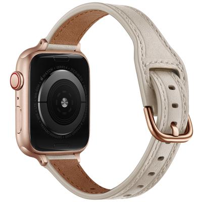 China Genuine Leather & New Adapters Design New Design 14mm Slim Genuine Cowhide Leather Strap For Applewatch 6 5 4 40 42 38 Women Sleek Band 44 With Connectors for sale