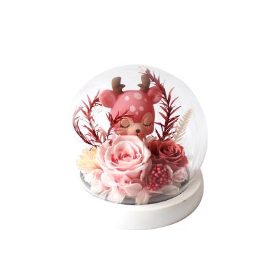 China Creative Real Fawn Preserved Flower Valentine's Day Rose Gift Eternal Flower Box Celebration Glass Cover Gift for sale